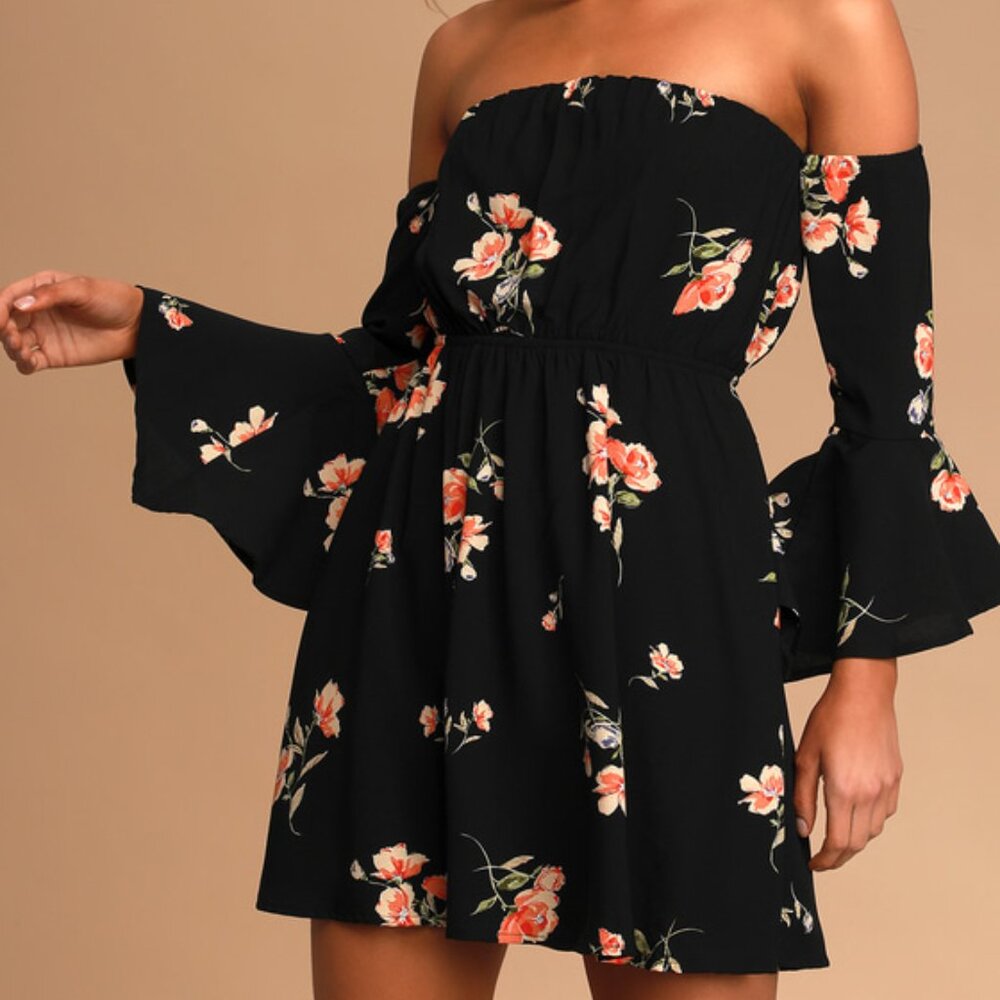 Lulus Lush Gardens Black Floral Print Off-the-shoulder Mini Dress - Size M
